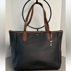 Fossil Large Tote Bag 22” Leather Black Silky Lined Multi Pocket Key Clip EUC